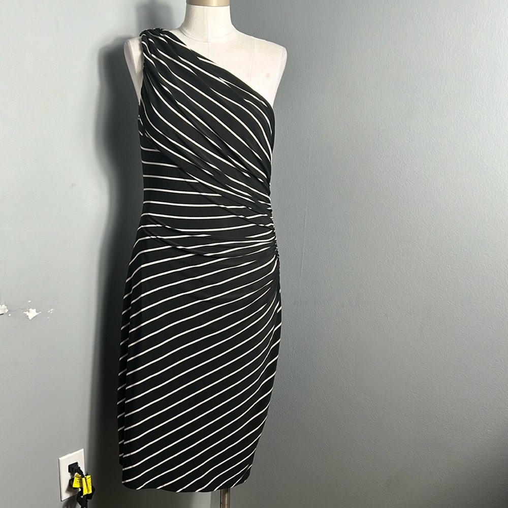 Womens Ralph Lauren Dress Black White Striped One Shoulder Ruched Sheath sz 10